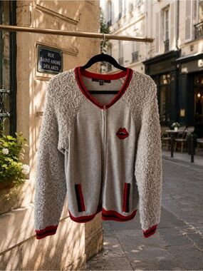 Guess Los Angeles Zip Cardigan | Size L | Lipstick Graphic